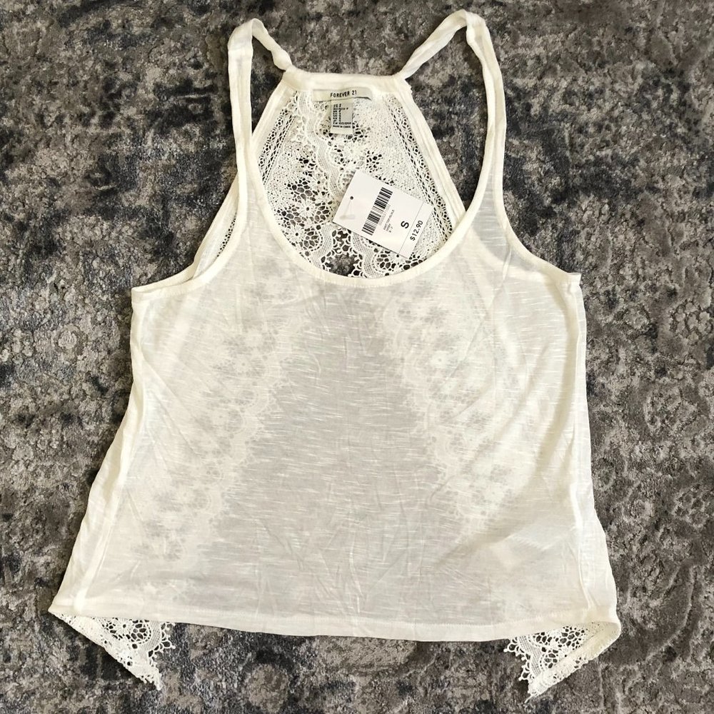 Forever 21 Lightweight White Split Back Lace Tank